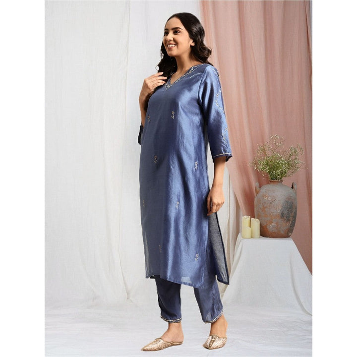 Zuri Deep Blue Zari Embroidered Chanderi Kurta with Embroidered Pant - Set of 2