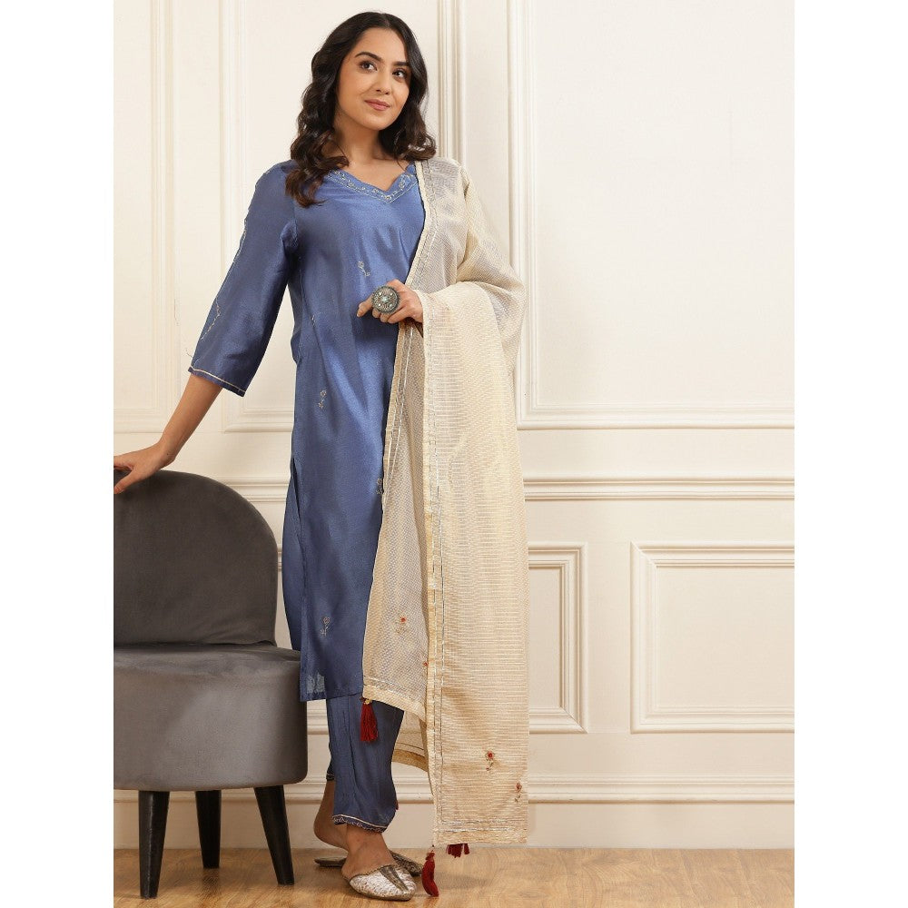 Zuri Deep Blue Zari Embroidered Chanderi Kurta with Embroidered Pant - Set of 2