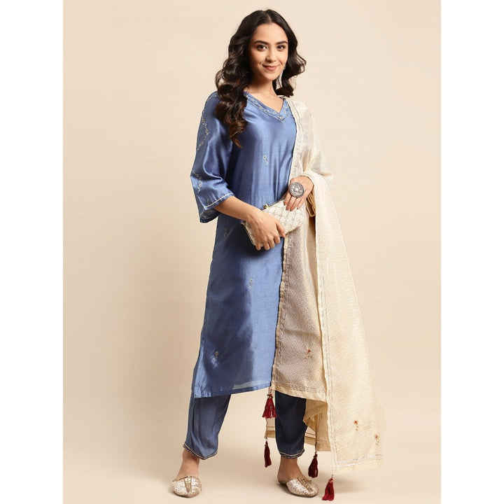 Zuri Deep Blue Zari Embroidered Chanderi Kurta with Embroidered Pant - Set of 2