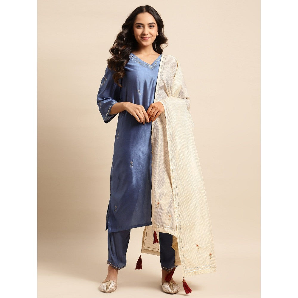 Zuri Deep Blue Zari Embroidered Chanderi Kurta with Embroidered Pant - Set of 2