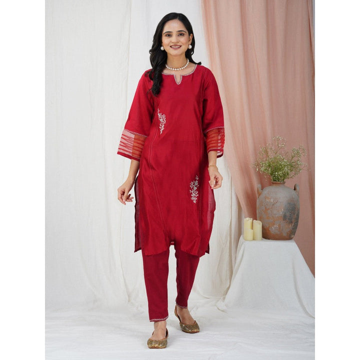 Zuri Red Embroidered Chanderi Kurta Paired With Matching Pant