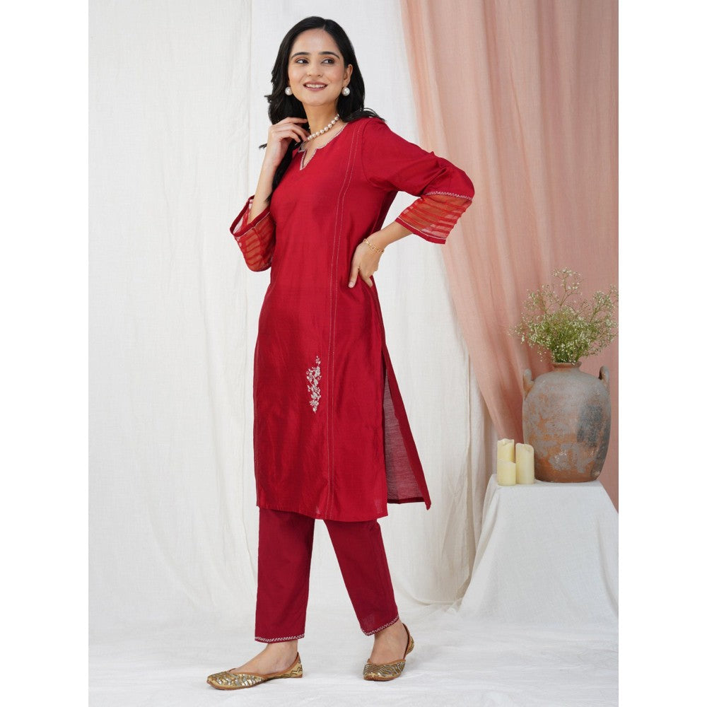 Zuri Red Embroidered Chanderi Kurta Paired With Matching Pant