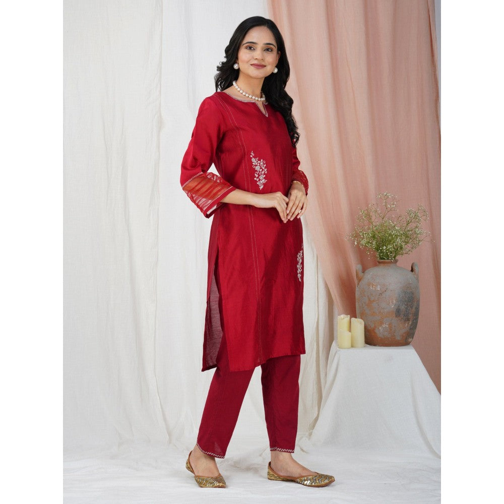 Zuri Red Embroidered Chanderi Kurta Paired With Matching Pant