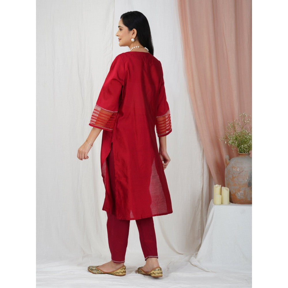 Zuri Red Embroidered Chanderi Kurta Paired With Matching Pant