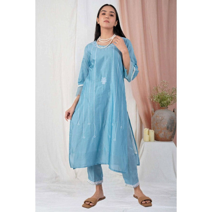 Zuri Blue Embroidered Chanderi Kurta Paired With Matching Pant.