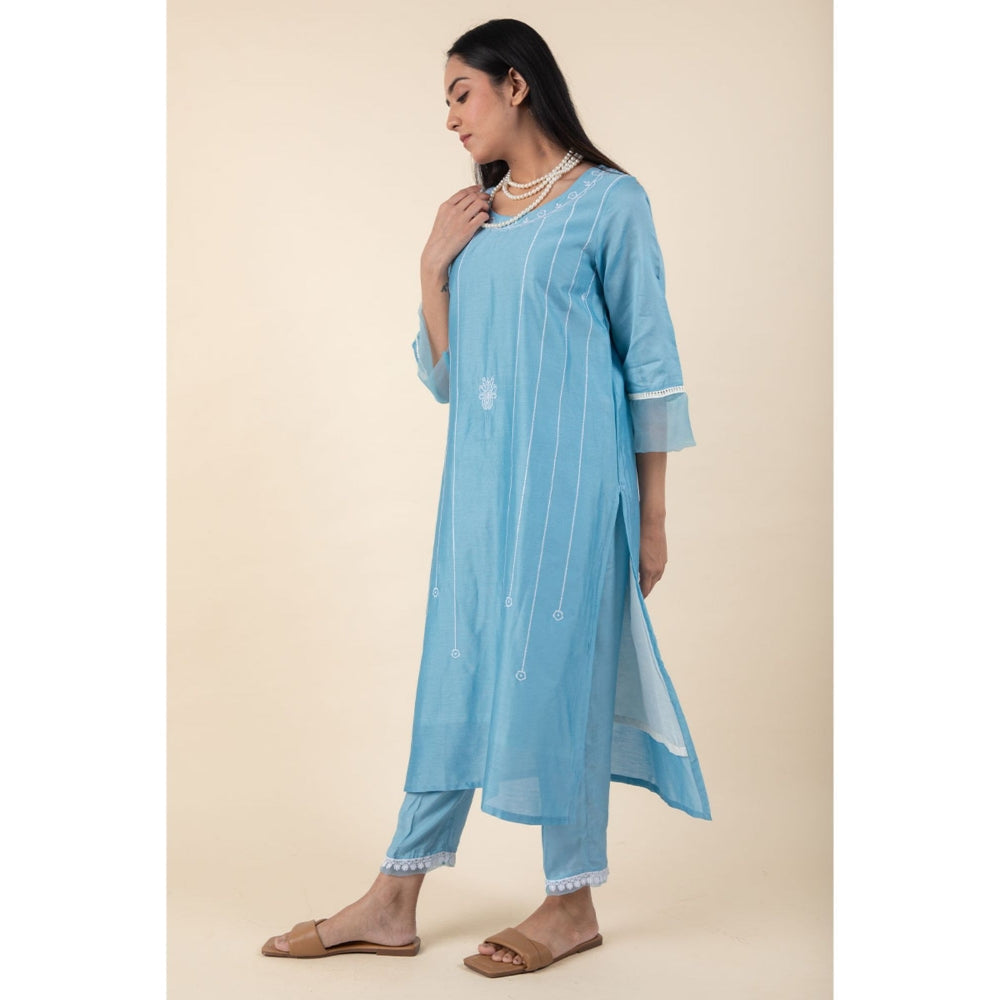 Zuri Blue Embroidered Chanderi Kurta Paired With Matching Pant.