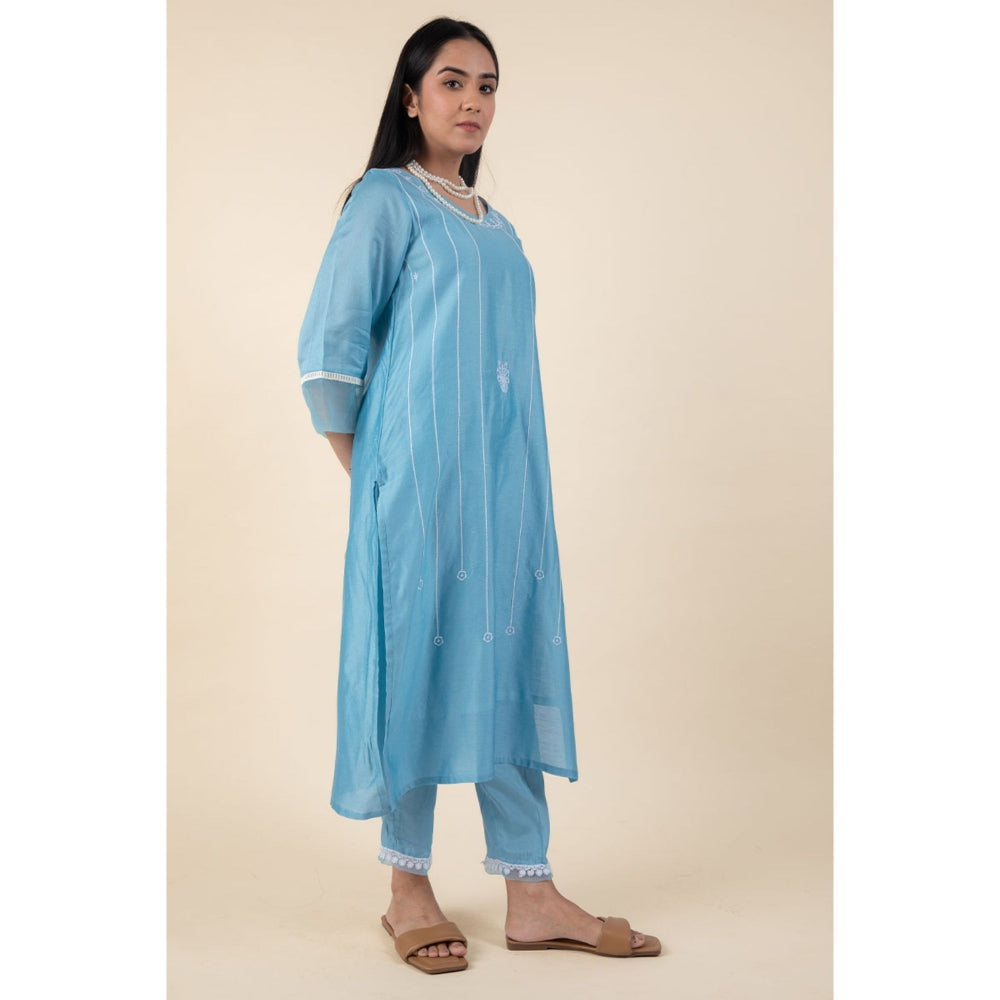 Zuri Blue Embroidered Chanderi Kurta Paired With Matching Pant.