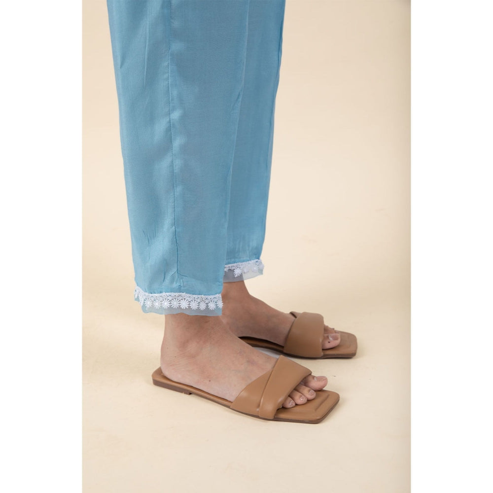 Zuri Blue Embroidered Chanderi Kurta Paired With Matching Pant.