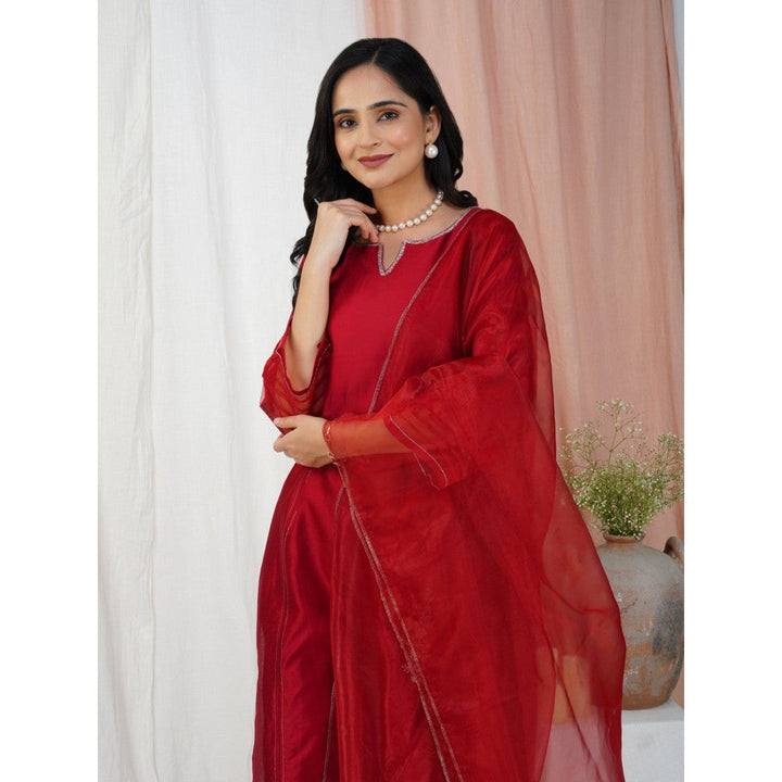 Zuri Red Embroidered Chanderi Kurta Paired With Matching Pant And Dupatta