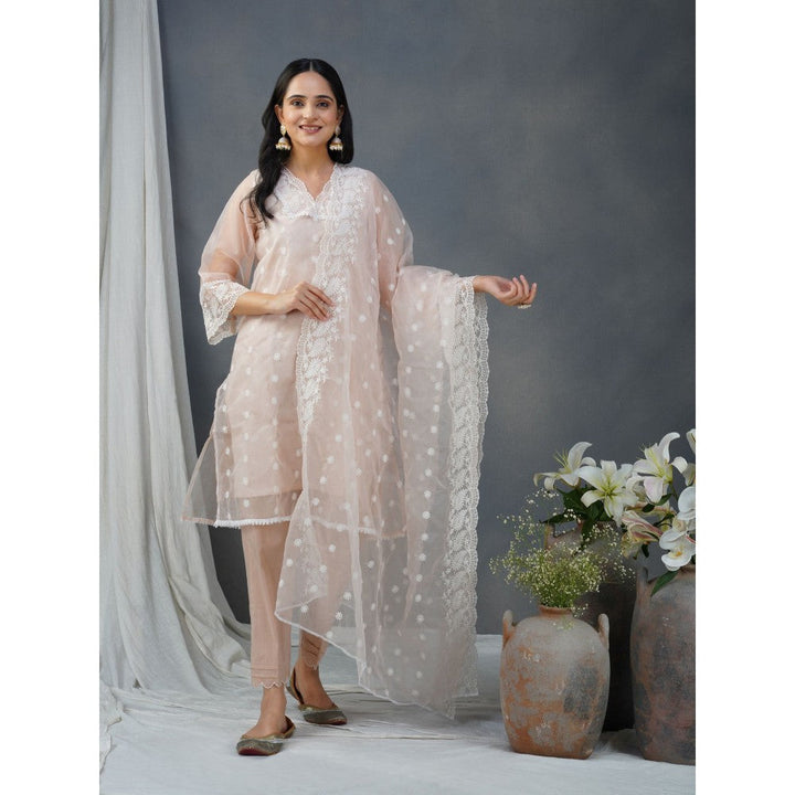 Zuri Peach Embroidered Organza Kurta With Matching Pant And Dupatta