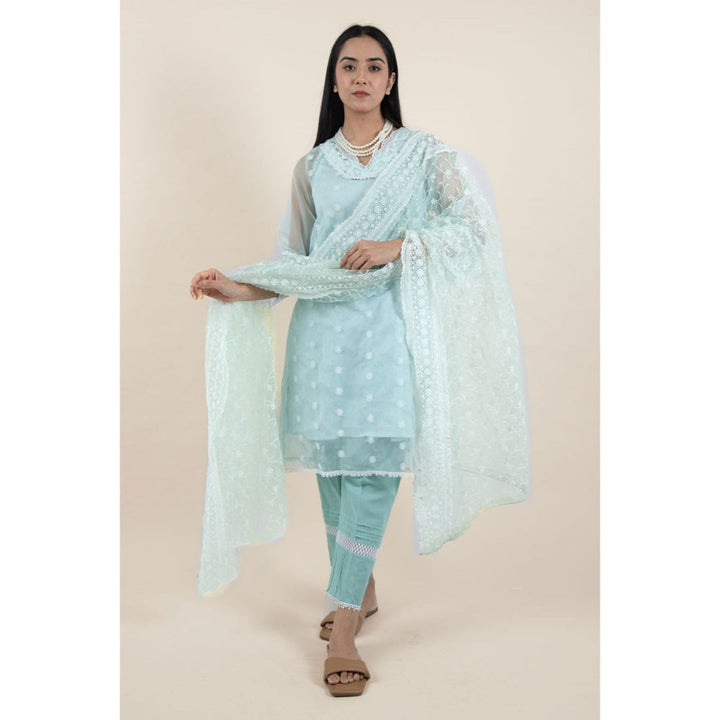 Zuri Sea Green Embroidered Organza Kurta matching Pants and dupatta