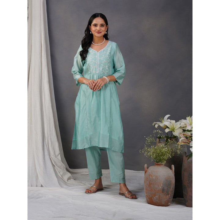 Zuri Sea Green Embroidered Chanderi Kurta Paired With Matching Pant