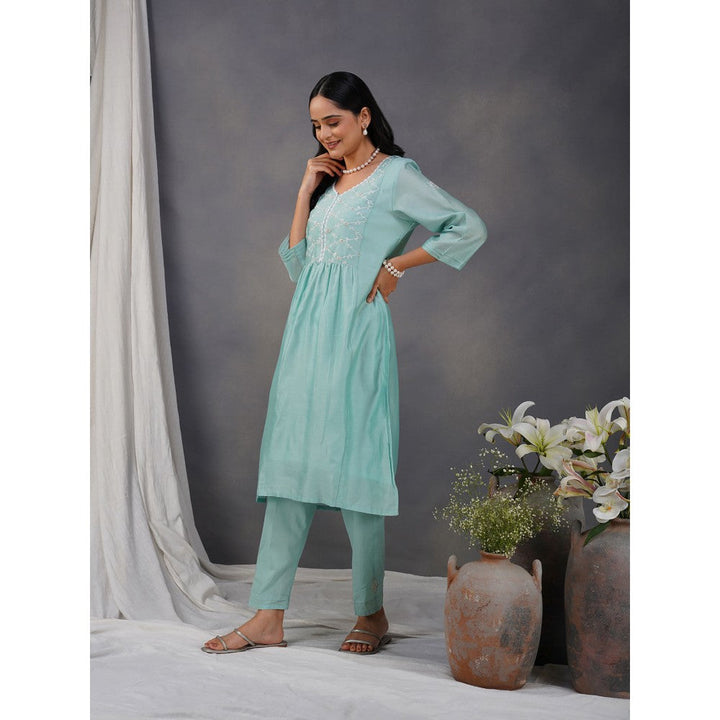 Zuri Sea Green Embroidered Chanderi Kurta Paired With Matching Pant