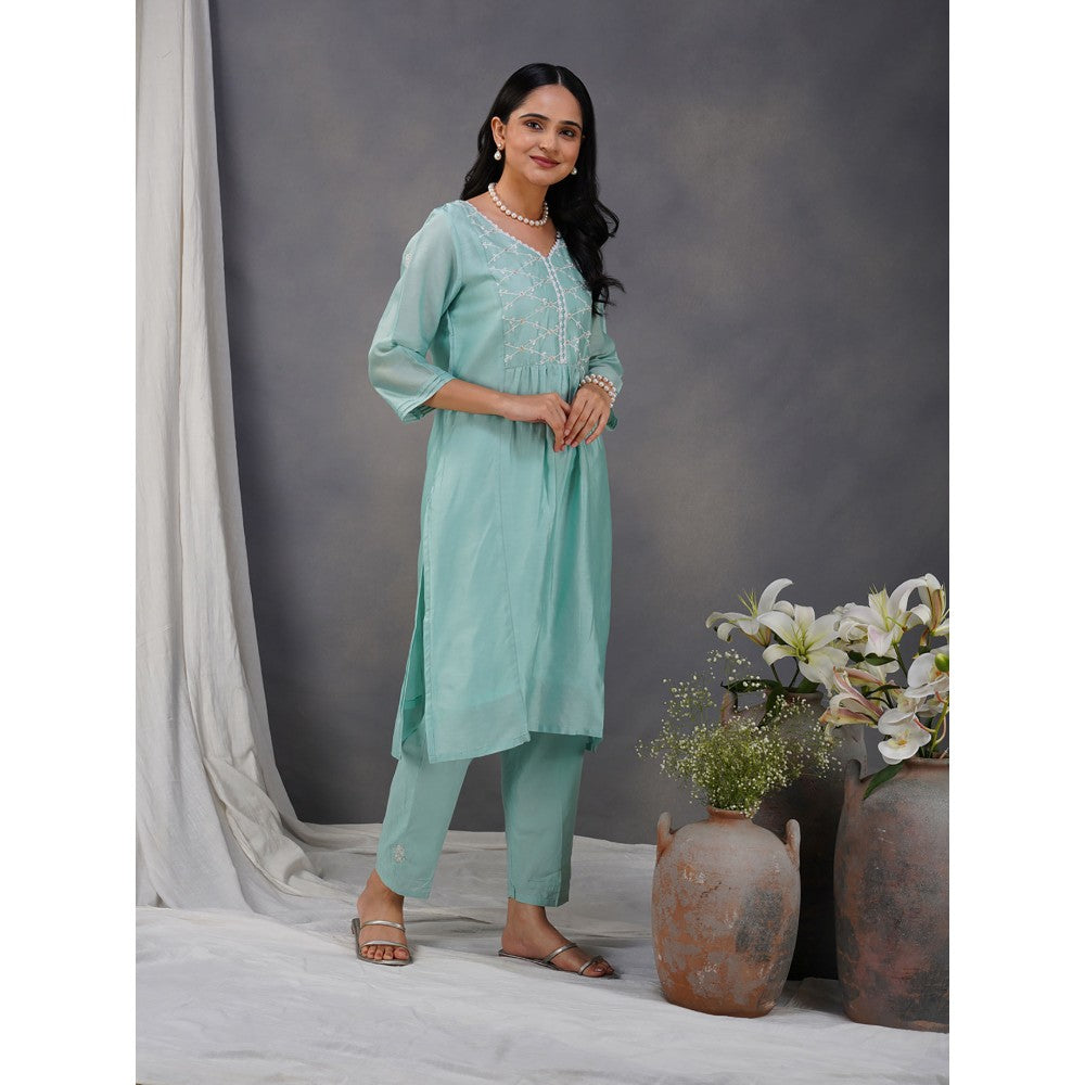 Zuri Sea Green Embroidered Chanderi Kurta Paired With Matching Pant