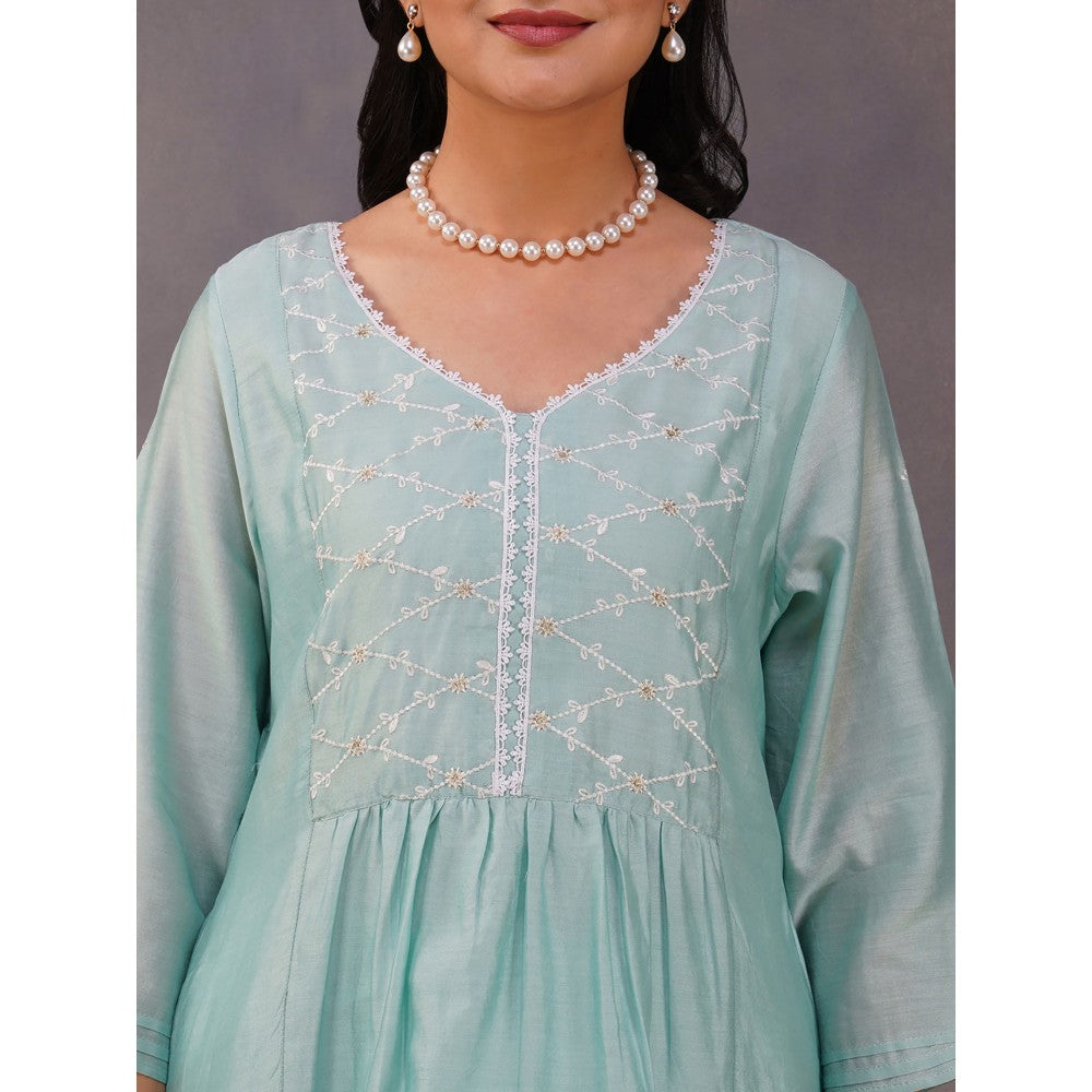 Zuri Sea Green Embroidered Chanderi Kurta Paired With Matching Pant