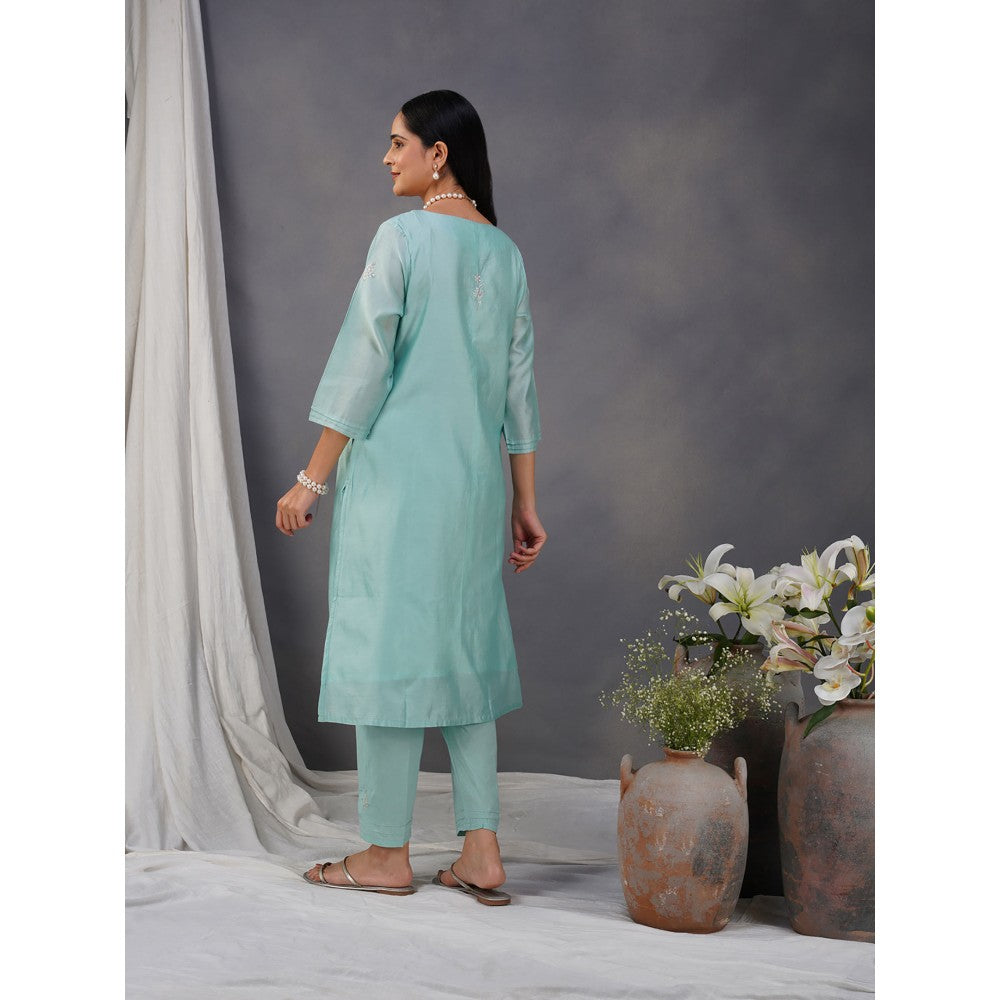 Zuri Sea Green Embroidered Chanderi Kurta Paired With Matching Pant