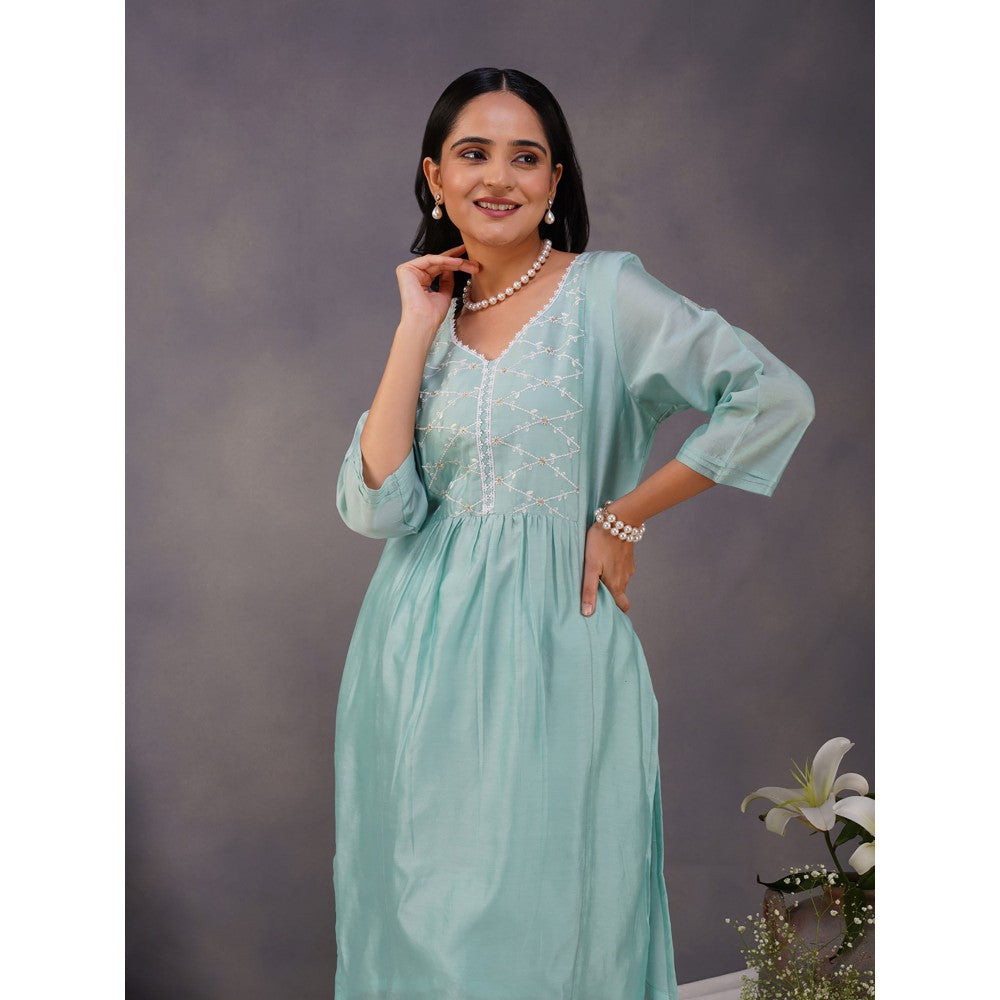 Zuri Sea Green Embroidered Chanderi Kurta Paired With Matching Pant