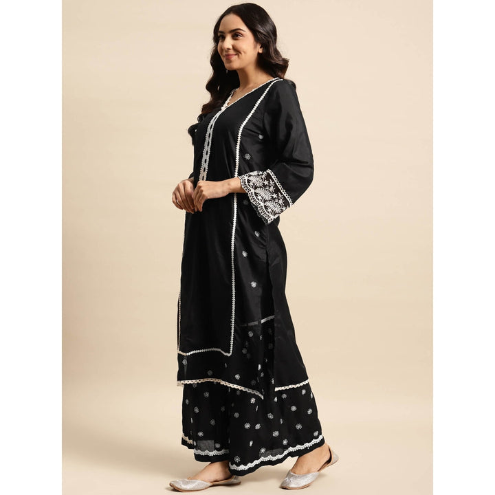 Zuri Black Embroidered Cotton Kurta with Embroidered Sharara- Set of 2