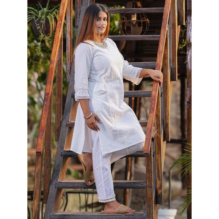 Zuri White Embroidered Cotton Kurta with Lace Pant - Set of 2