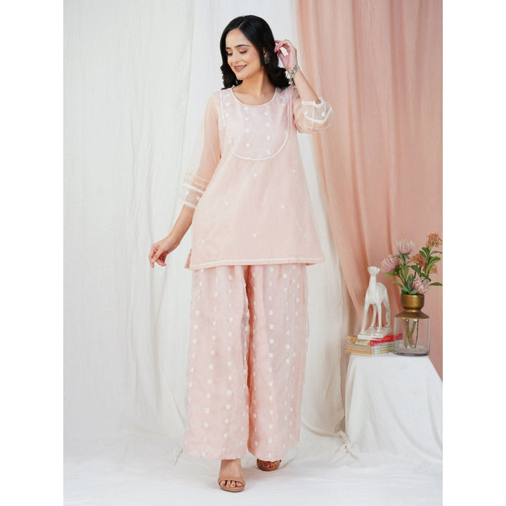 Zuri Peach Lace Embroidered Short Organza Kurta paired with matching Palazzo