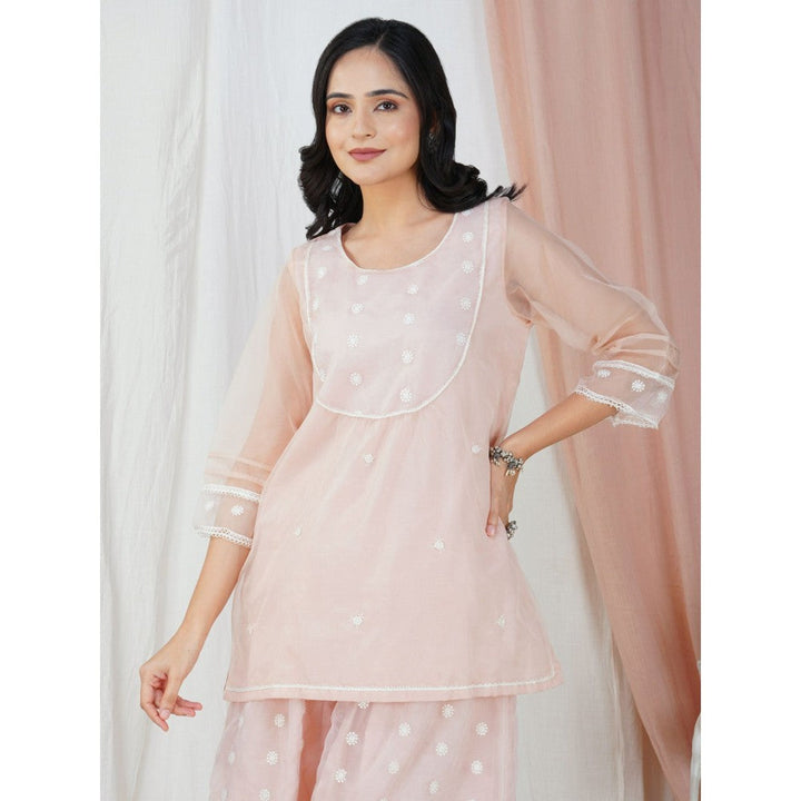 Zuri Peach Lace Embroidered Short Organza Kurta paired with matching Palazzo