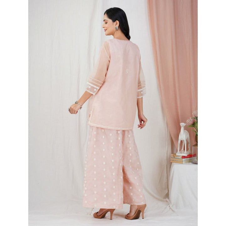 Zuri Peach Lace Embroidered Short Organza Kurta paired with matching Palazzo