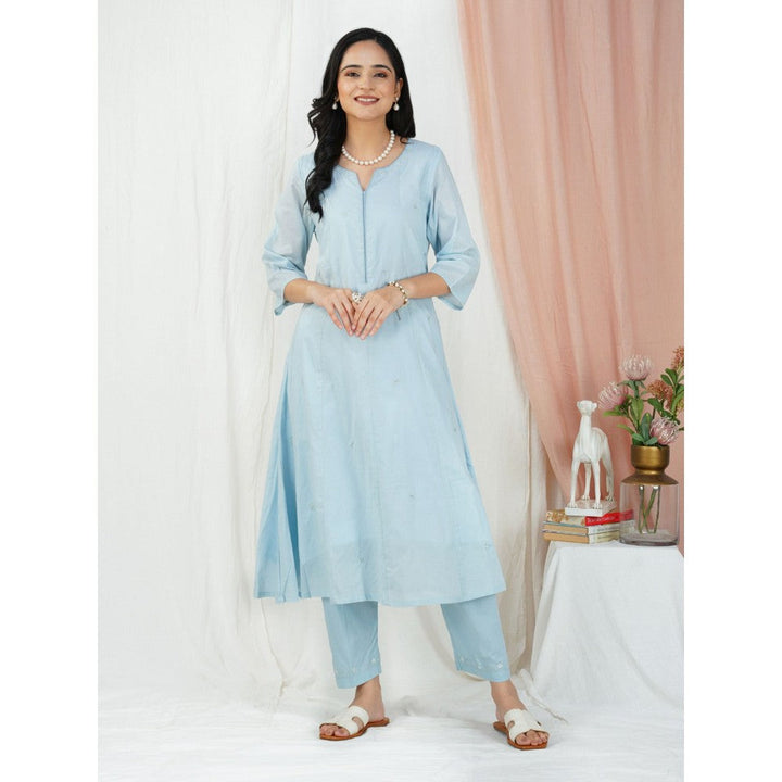 Zuri Sky Blue Embroidered Cotton Silk Anarkali Kurta Paired With Matching Pant