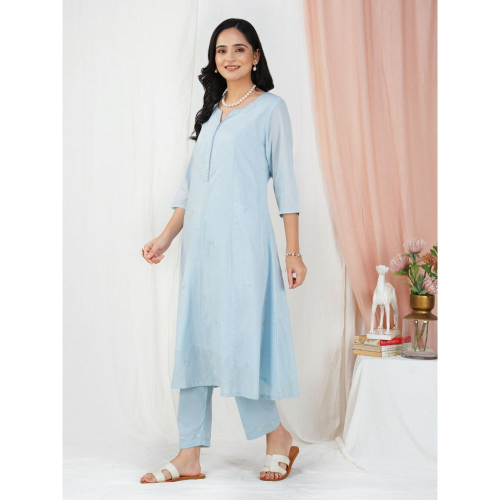 Zuri Sky Blue Embroidered Cotton Silk Anarkali Kurta Paired With Matching Pant