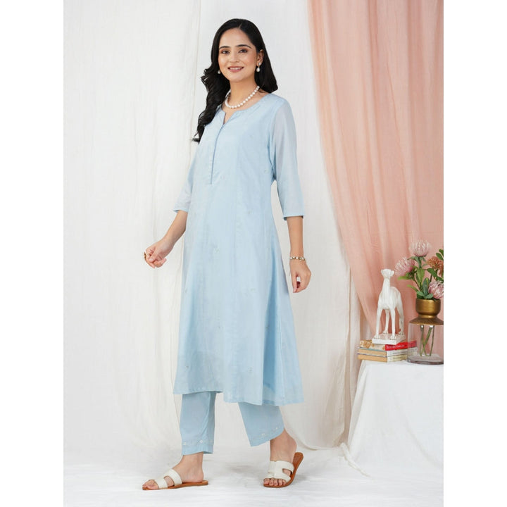 Zuri Sky Blue Embroidered Cotton Silk Anarkali Kurta Paired With Matching Pant