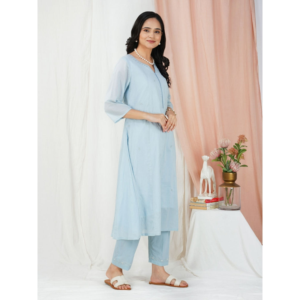 Zuri Sky Blue Embroidered Cotton Silk Anarkali Kurta Paired With Matching Pant