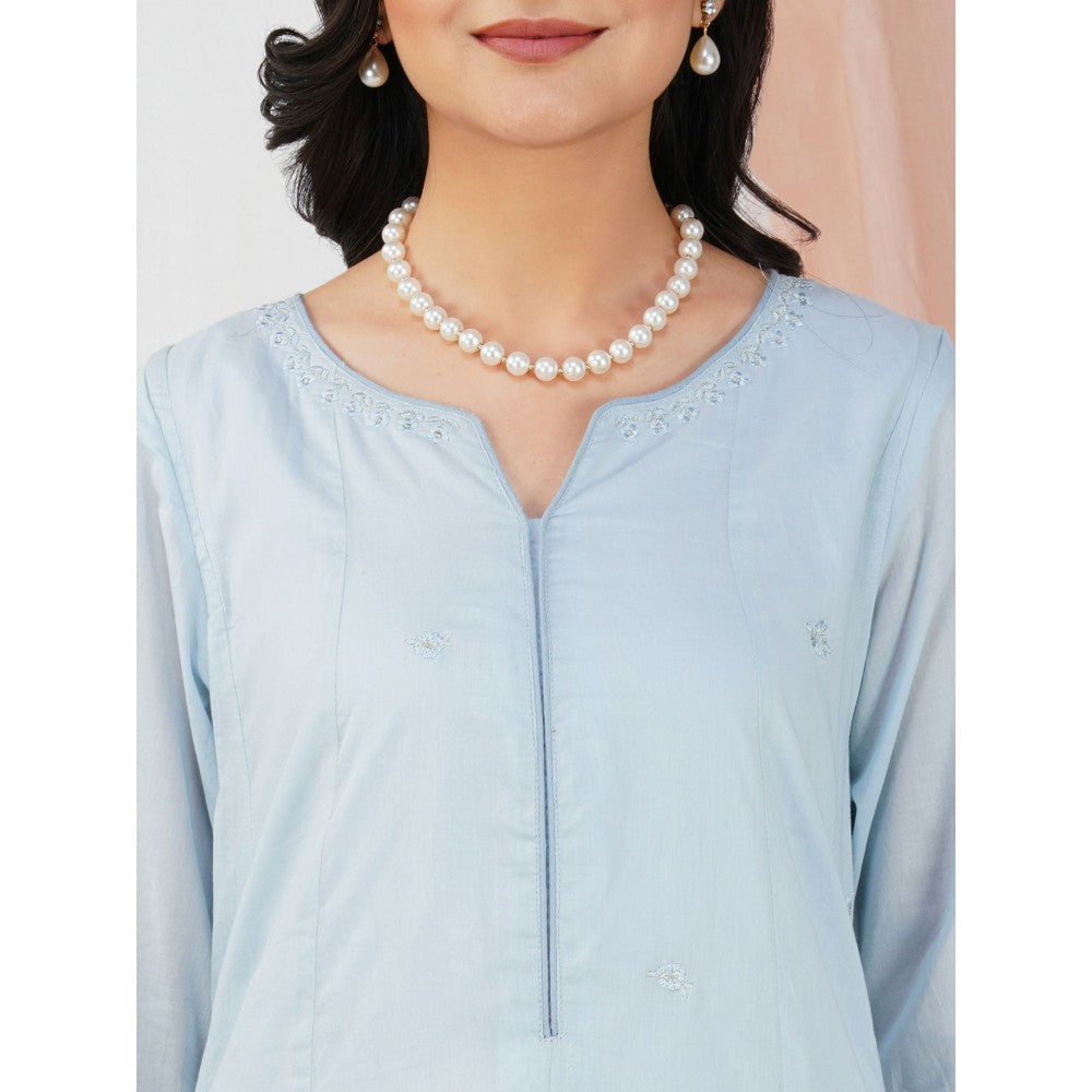 Zuri Sky Blue Embroidered Cotton Silk Anarkali Kurta Paired With Matching Pant