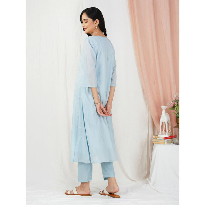 Zuri Sky Blue Embroidered Cotton Silk Anarkali Kurta Paired With Matching Pant