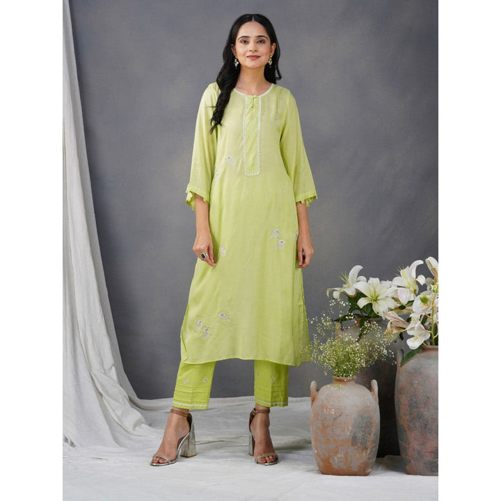 Zuri Lime Green Embroidered Cotton Silk Kurta Paired With Matching Pant