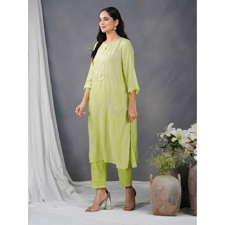 Zuri Lime Green Embroidered Cotton Silk Kurta Paired With Matching Pant