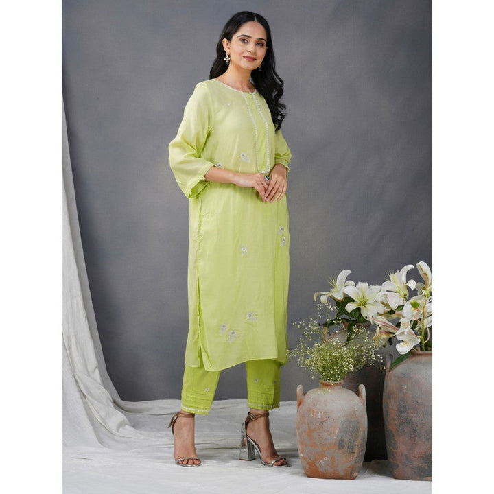 Zuri Lime Green Embroidered Cotton Silk Kurta Paired With Matching Pant