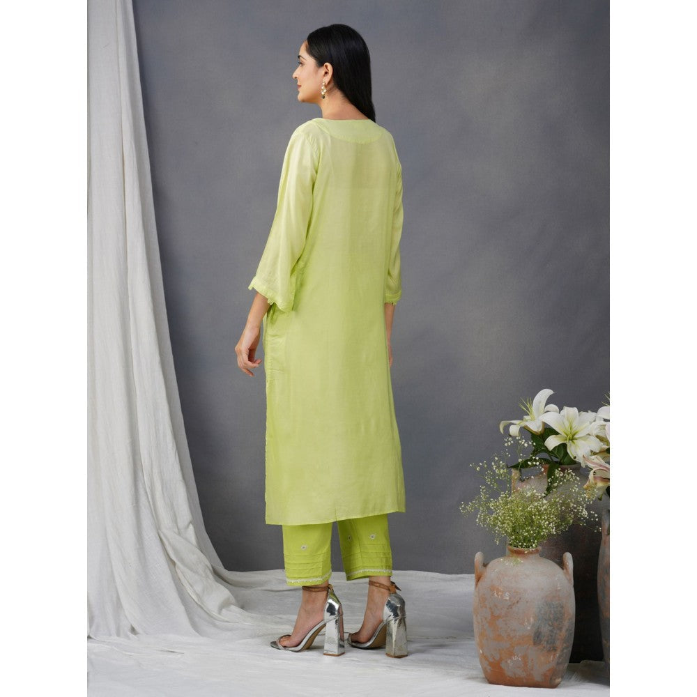 Zuri Lime Green Embroidered Cotton Silk Kurta Paired With Matching Pant