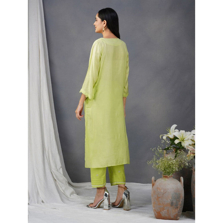 Zuri Lime Green Embroidered Cotton Silk Kurta Paired With Matching Pant