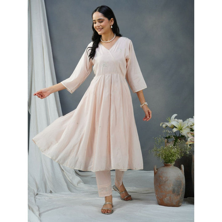 Zuri Pink Embroidered Cotton Silk Anarkali Kurta Paired With Matching Pant