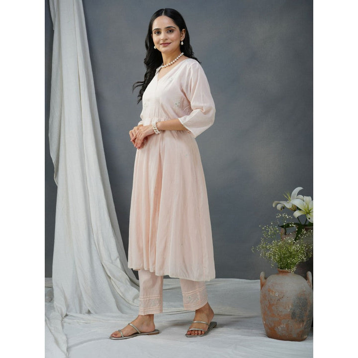 Zuri Pink Embroidered Cotton Silk Anarkali Kurta Paired With Matching Pant