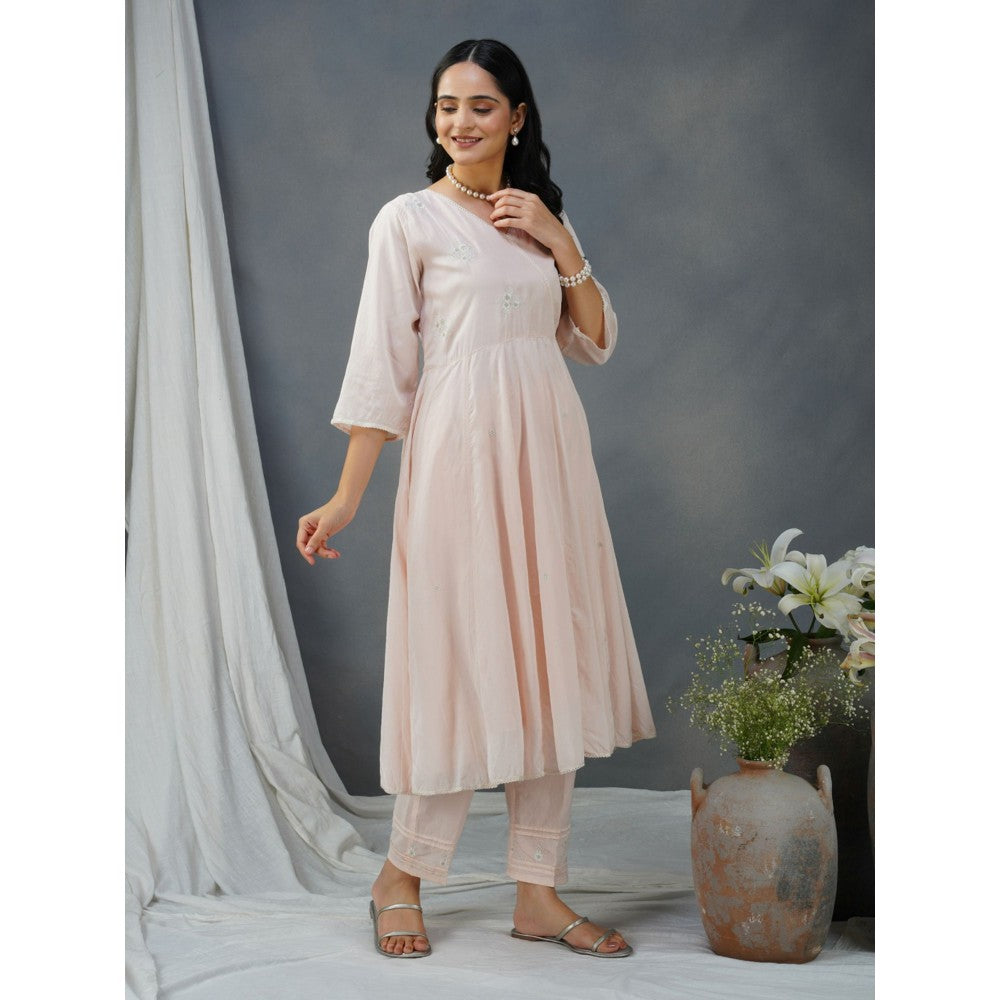 Zuri Pink Embroidered Cotton Silk Anarkali Kurta Paired With Matching Pant