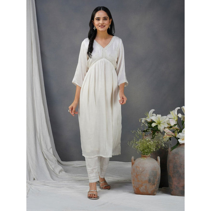 Zuri White Embroidered Cotton Modal Anarkali Kurta Paired With Matching Pant