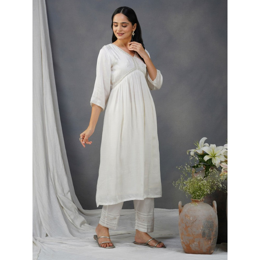 Zuri White Embroidered Cotton Modal Anarkali Kurta Paired With Matching Pant