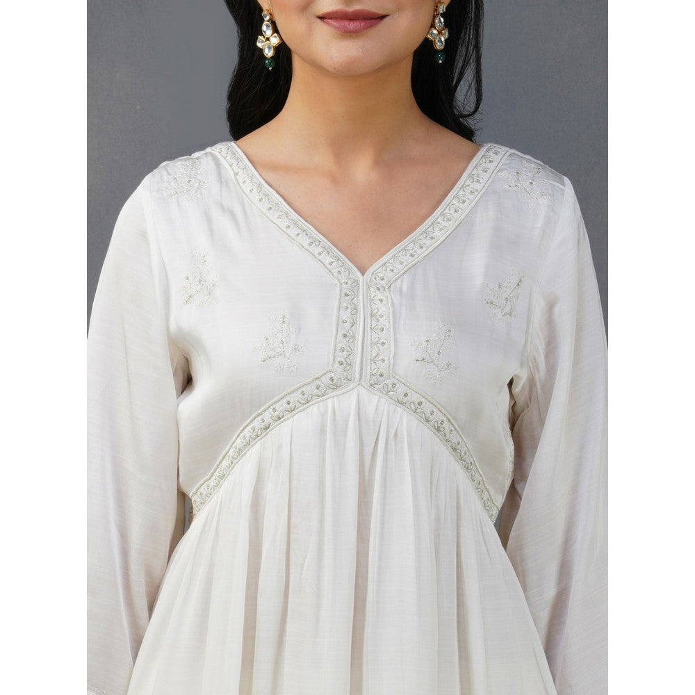 Zuri White Embroidered Cotton Modal Anarkali Kurta Paired With Matching Pant