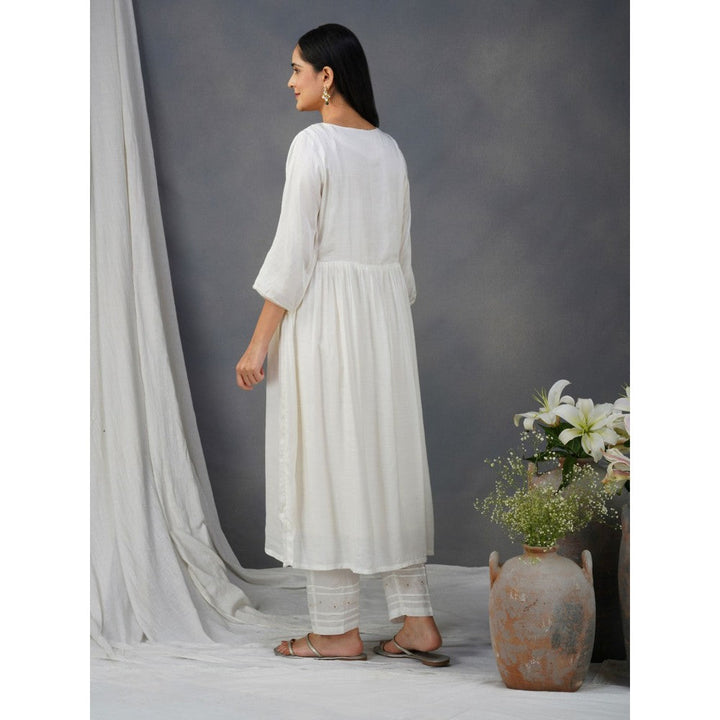 Zuri White Embroidered Cotton Modal Anarkali Kurta Paired With Matching Pant