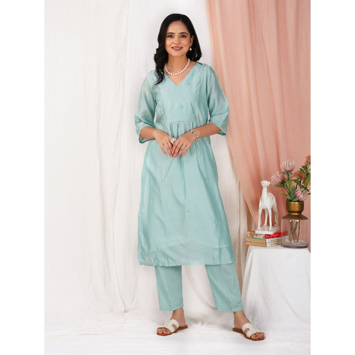 Zuri Sea Green Embroidered Chanderi Kurta With Matching Pant