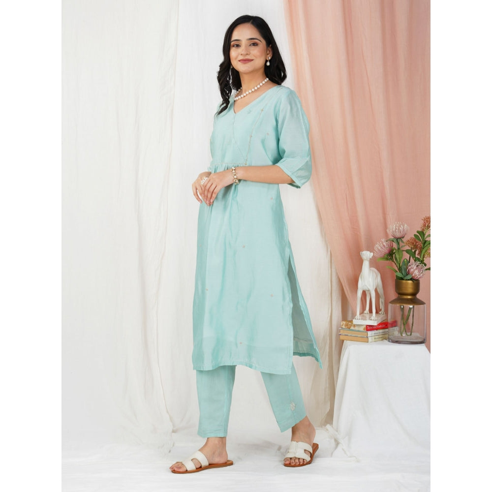 Zuri Sea Green Embroidered Chanderi Kurta With Matching Pant