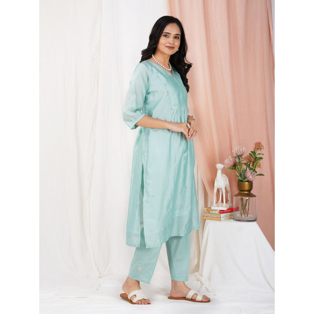 Zuri Sea Green Embroidered Chanderi Kurta With Matching Pant