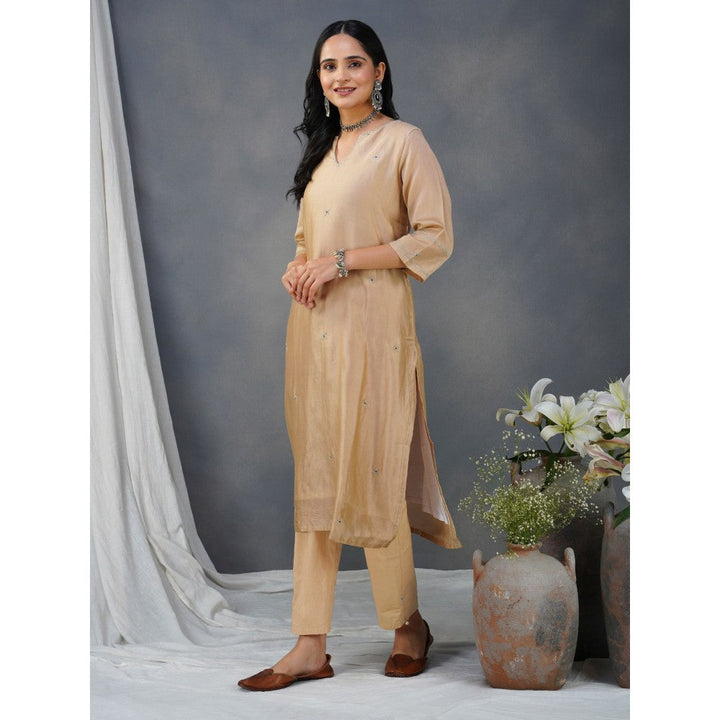 Zuri Beige Embroidered Chanderi Kurta Paired With Matching Pant