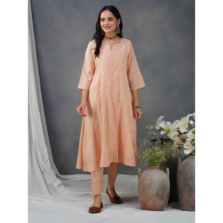 Zuri Peach Embroidered Cotton Silk Anarkali Kurta Paired With Matching Pant