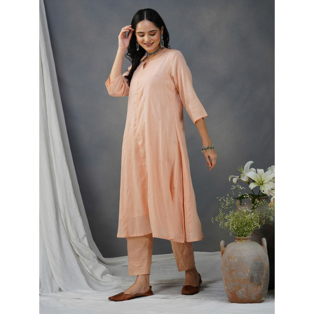 Zuri Peach Embroidered Cotton Silk Anarkali Kurta Paired With Matching Pant